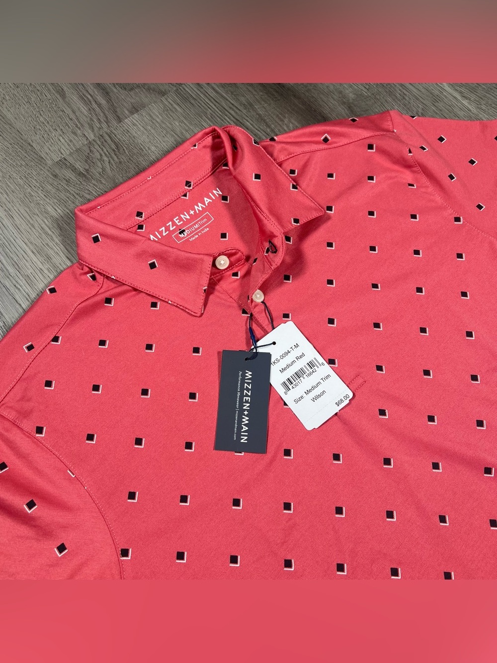 New Mizzen+Main Performance Golf Polo Shirt Mens M Trim Wilson Geometric Red - Picture 1 of 7